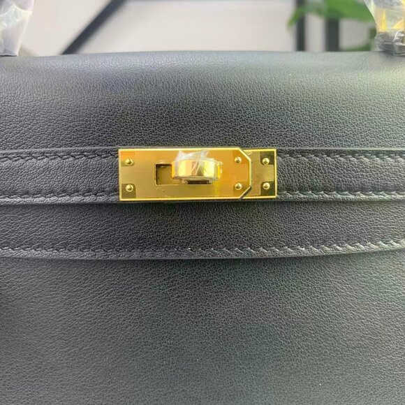 Handmade Genuine Leather Kelly 25 Black Top Handle Bag - Picture 8 of 12